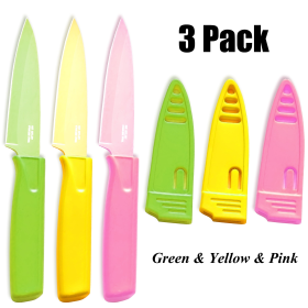 3 Pack Paring Knife with Safety Sheath, Fruit Knife with 4 inch Stainless Steel Blade, Nonstick Silicone Coated Knife for Kitchen, Fruits