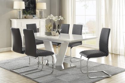 Modern Contemporary 7pc Dining Set White High Gloss Finish Table w Extension Leaf V-shaped Support Gray faux Leather Upholstered Chairs Diamond Patter