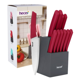 Hecef 12 Pcs Kitchen Knife Set with Wooden Block, Steak Knives, Stainless Steel Essential Chef Knife Set