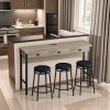 3-Drawer Long Dining Table Set with Power Outlets, Bar Kitchen Table Set with Circular PU Stools, Easy Assemble, Brown Gray Table+Black Stool